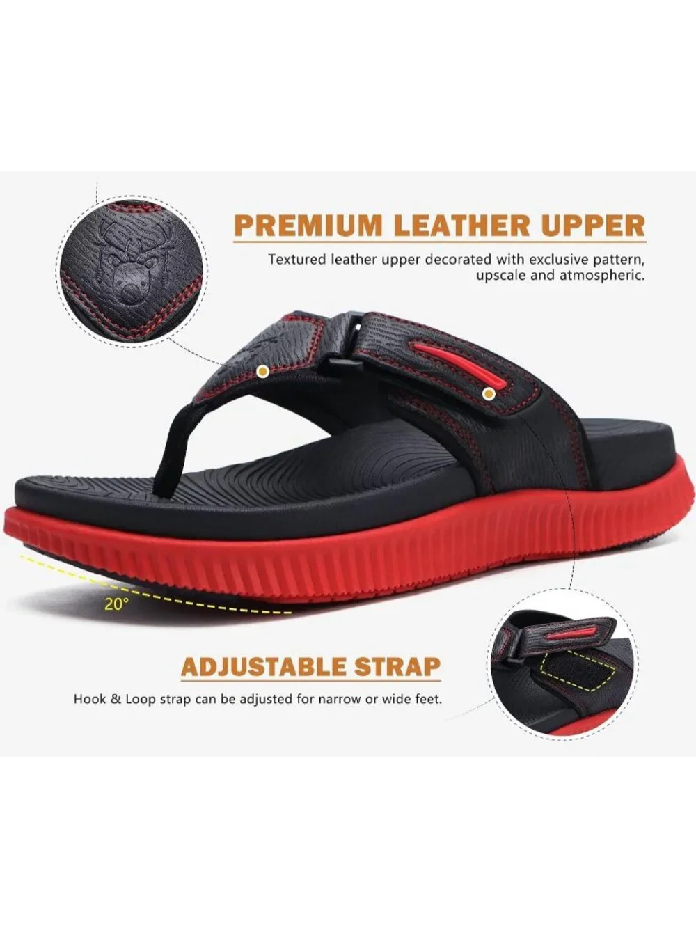 Men Red Black Adjustable Thick Athletic Cushion Orthotic Flip Flops Sandal Shoes